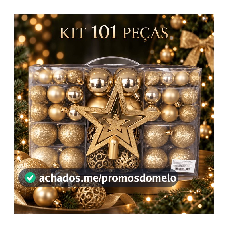 Kit 101 Bolas e Enfeites para Árvore de Natal Dourado ou Vermelho com Estrela 20cm