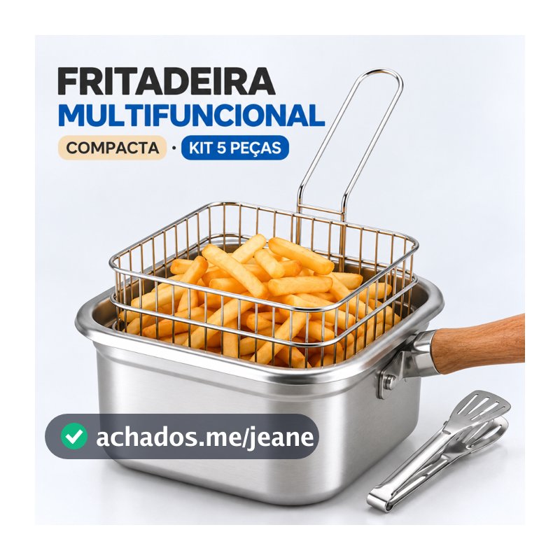 Panela Fritadeira Kit 5 Peças Multifuncional Aço Inox com Cesto Tampa para Cozinha e Camping