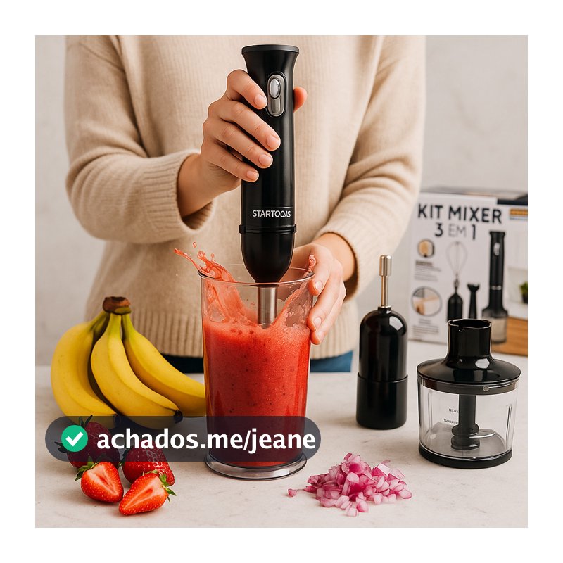 Kit 3 em 1 Mixer Misturador, Processador e Batedor para Vitamina, Receitas e Alimentos Prático