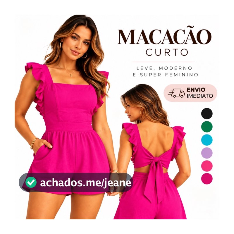 Macaquinho Curto Forrado Casual com Duna Com Detalhe nas Costas Bolso Manga Babado