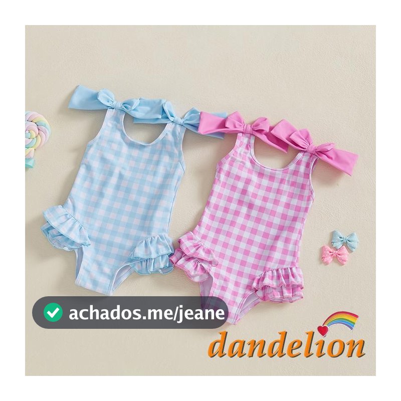6 Meses-4 Anos Bebê Meninas Maiô Macacão Xadrez Babados Dois Bowknot Decoração Beachwear Sem Mangas Verão Praia