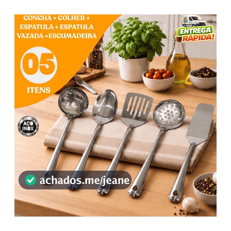 Kit Utensílios de Cozinha Inox 5 Peças – Concha Colher Espatula Vazada Escumadeira Espatula Bolo Restaurante