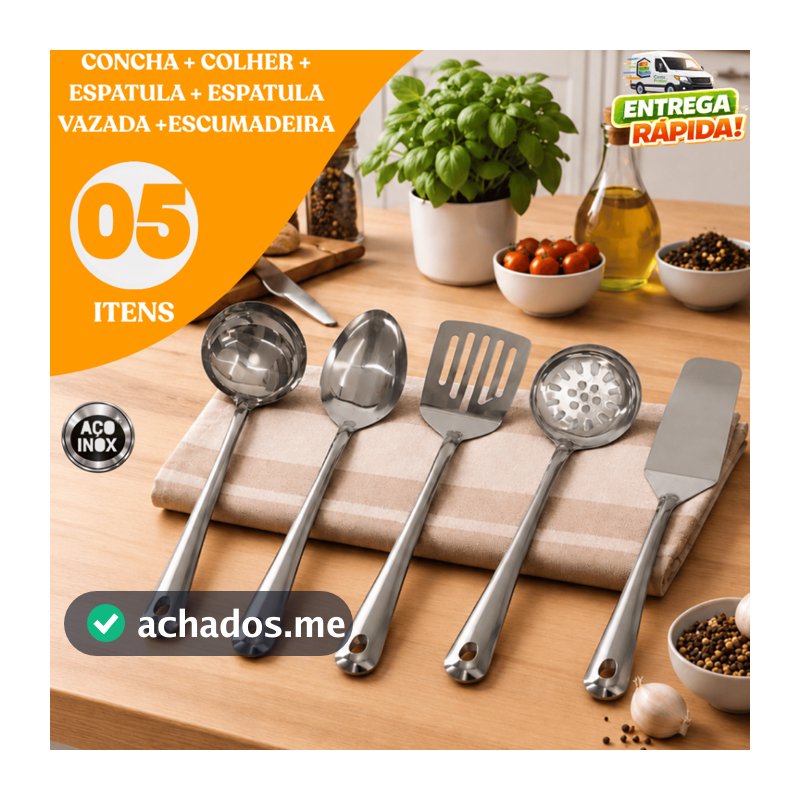Kit Utensílios de Cozinha Inox 5 Peças – Concha Colher Espatula Vazada Escumadeira Espatula Bolo Restaurante
