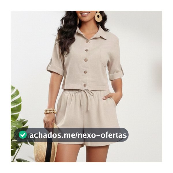 Conjunto de Linho Manga Curta Com Botão De Short Cintura Elastek