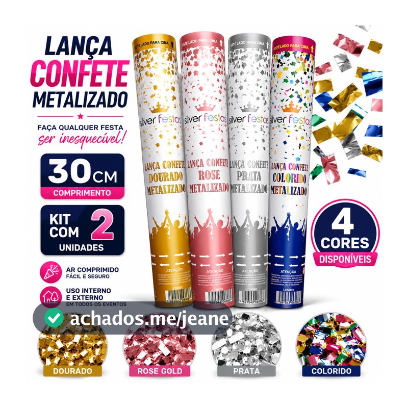 KIT 2 LANCA CONFETES 30cm METALIZADO COLORIDO PRATA DOURADO