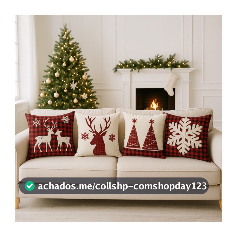 Kit  4 Capas de Almofadas Decorativas 45x45cm de Natal Papai Noel Casa  Sala Quarto e Decoração