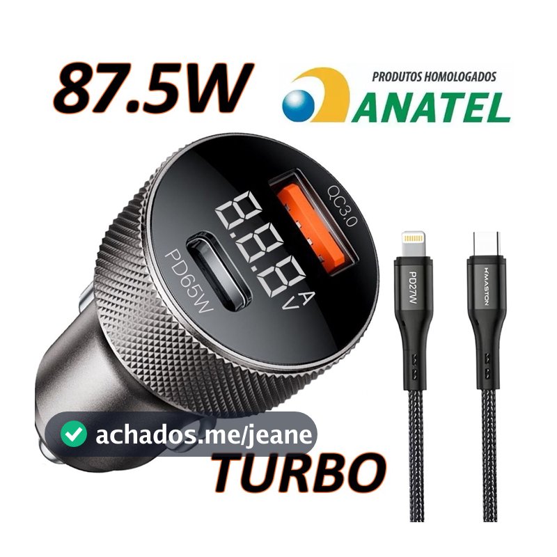 Carregador Veicular Turbo 87.5W USB-C USB-A Carregamento rápido Metal aeronáutico TIPO C