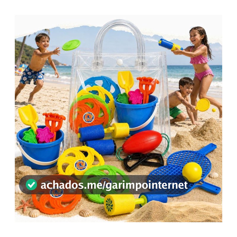 Kit Praia Infantil Presente Criança com Bolsa Baldinho Raquete Peteca Disco Vai e Vem e Brinquedo de Água
