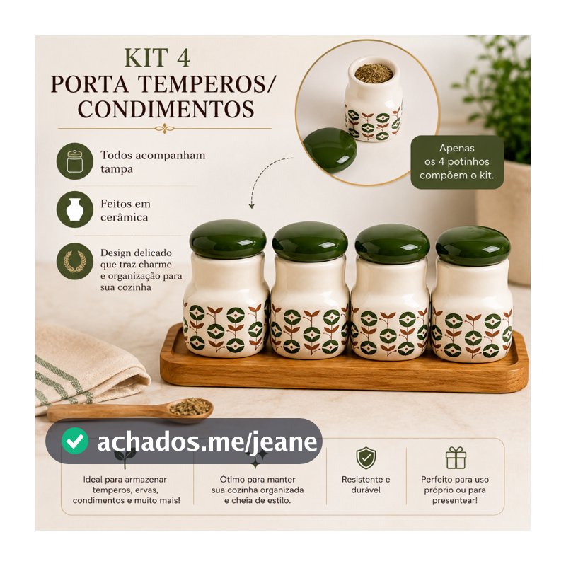 Kit 4 Porta Temperos Cerâmica com Tampa Potes para Condimentos Cozinha Decorativa