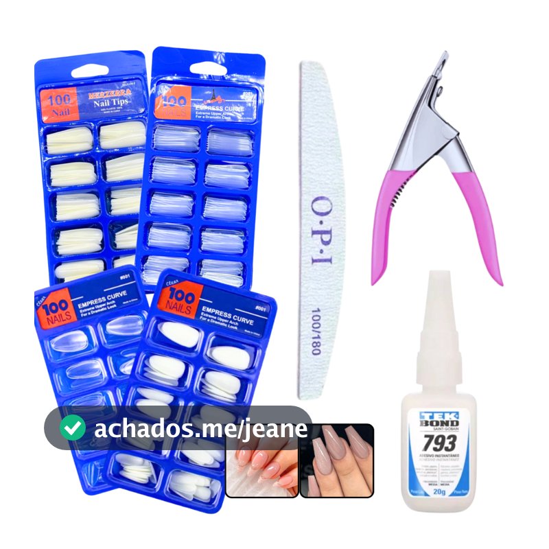 Kit Completo Alongamento de Unha - Unha Postiça Amendoada ou Bailarina + Alicate +  Tek Bond + Lixa