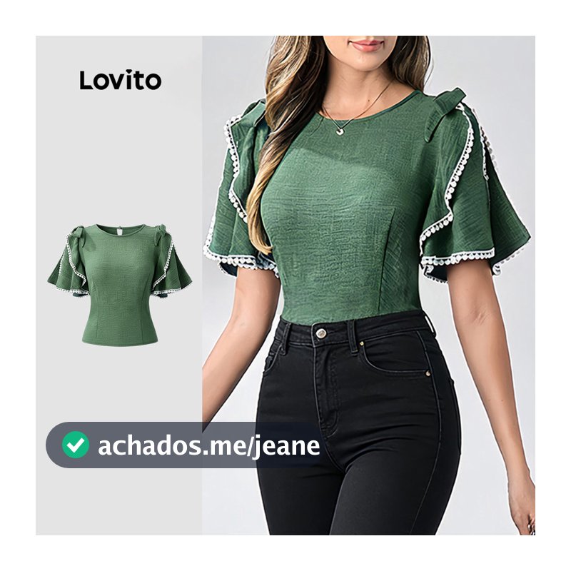 Lovito Blusa Casual Verde De Mangas Curtas E Esvoaçantes Gola Redonda Trança Coreana Babados E Laço Para Primavera/verão Feminina LR32L053