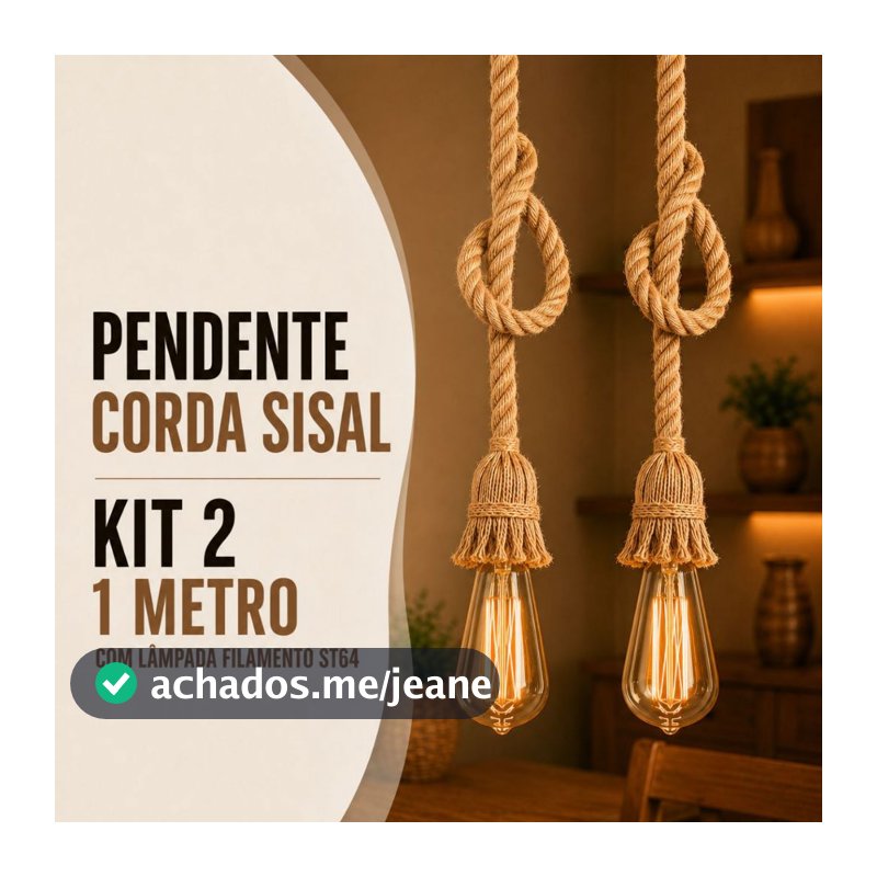 Kit 2 Pendente Corda 1 Metro com 2 Lâmpada Filamento Âmbar ST64 Bivolt 110v/220v Vintage Decorativo