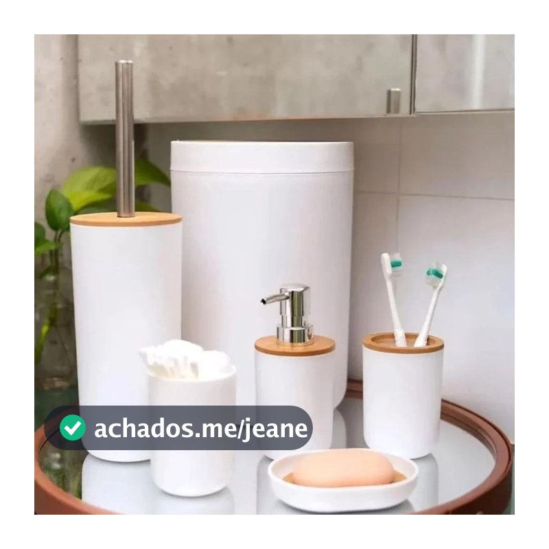 Kit Banheiro Conjunto Acessórios Higiene Lixeira Lavabo 6 Luxo Peças Branco Tampa Bambu Livon Luxo