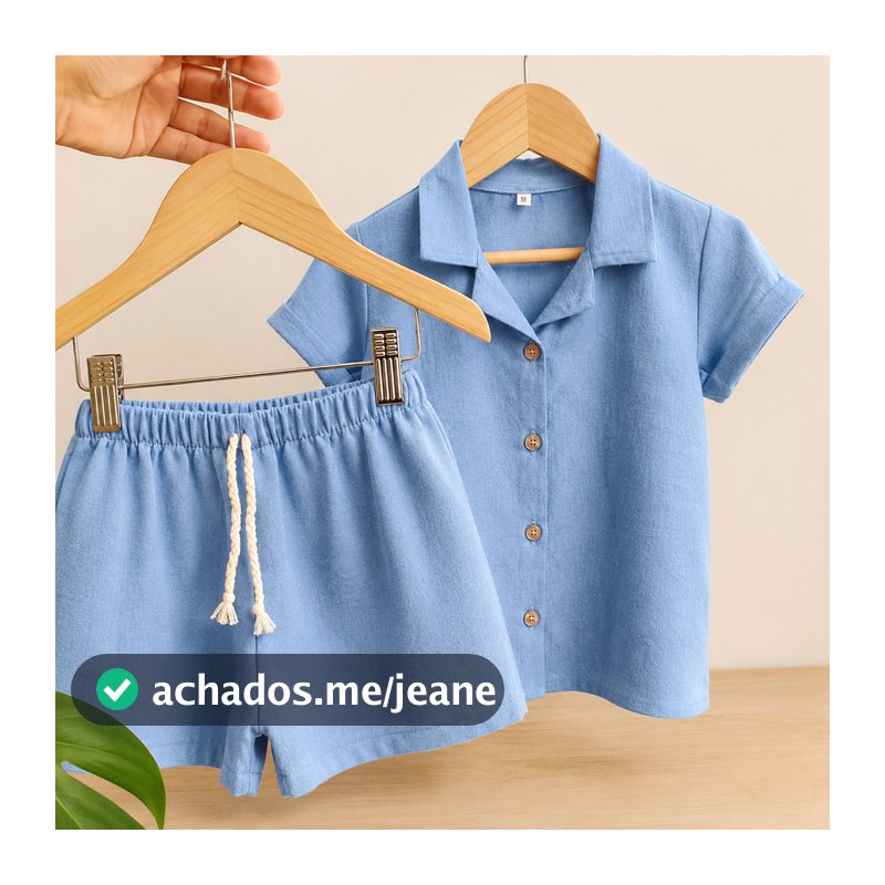 Conjunto Infantil Menino Verão – Camisa com Botões e Gola + Shorts com Elástico