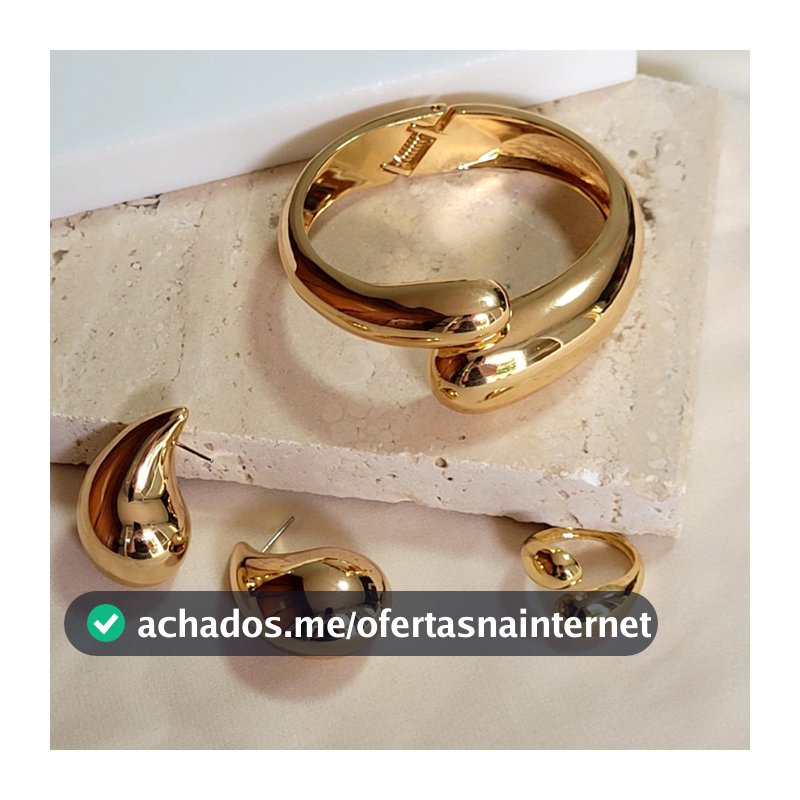 Conjunto Gota Pingo Bracelete Anel Brinco Médio Dourado ou Prata Acessórios Femininos Brincos