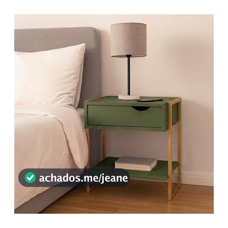 KIT 2 Mesas de Cabeceira Mordomo Lateral Cama Com 1 Gaveta Verde / Dourado