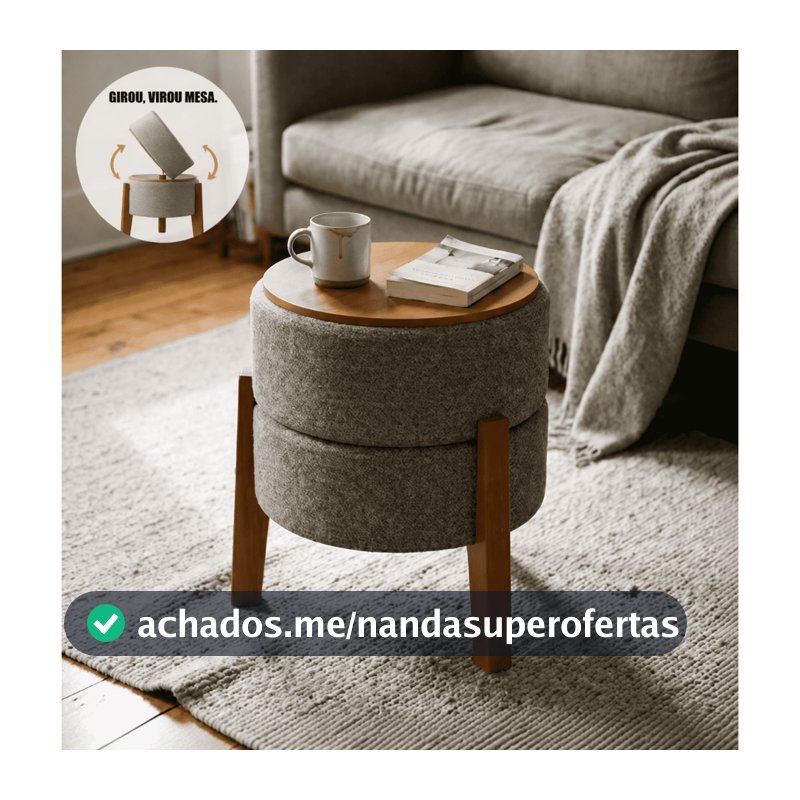 Puff Redondo 2 em 1 -  Vira Mesa de Apoio - Tampo Reversível em Madeira para Sala e Quarto (Montagem Simples)