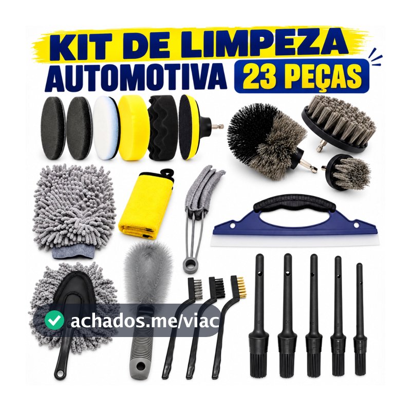 Kit 23 Peças Escova Detalhamento Automotivo - Saco Lavagem com Toalha e Pneu para Limpeza Completa