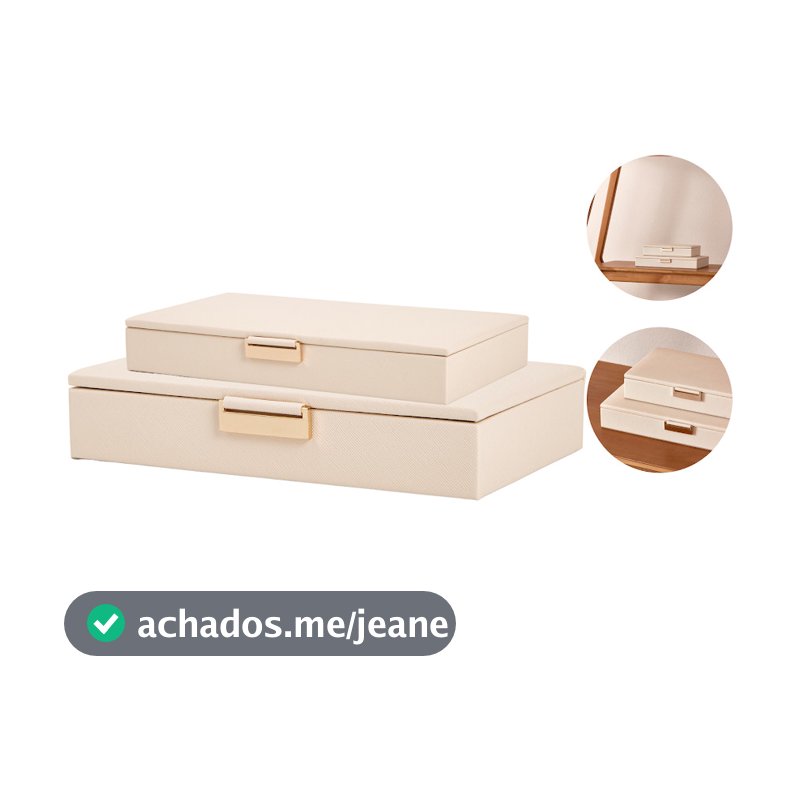 Conj 2 Caixas Decorativa Organizadora Porta Joias Objetos Multiuso Alça Metálica Dourada Sofisticada