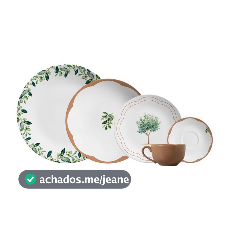 Aparelho de Jantar e Chá Peças Alleanza Redondo Cerâmica Faiança Branco e Marrom Oliveira