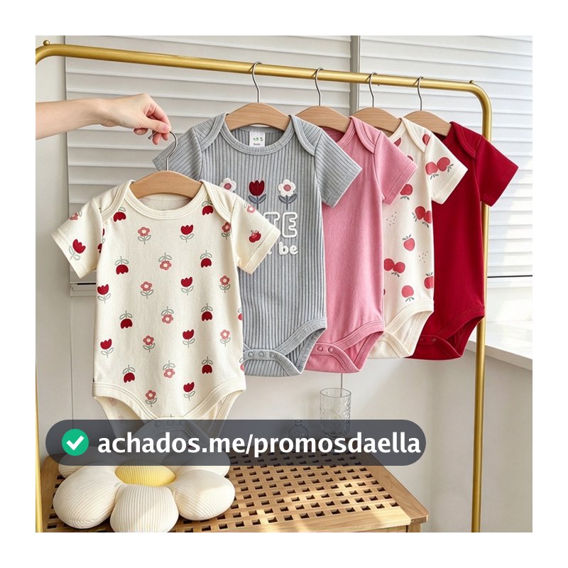 Conjunto de 5 peças de macacão para bebê algodão diversas cores disponíveis série de 3 flores pequenas