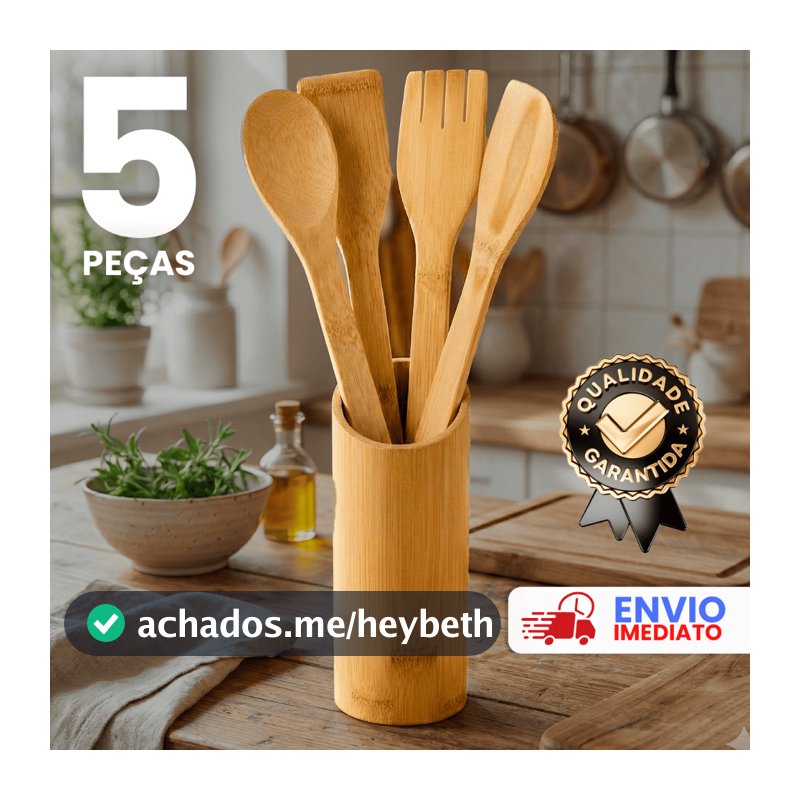Conjunto 05 Utensílios de Bambu com Suporte Cozinha Sustentável