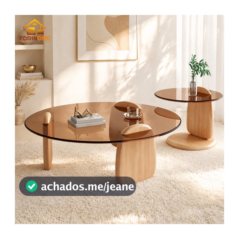 Kit 2 Mesas de Centro Orgânicas Vidro Fumê Base Madeira para Sala