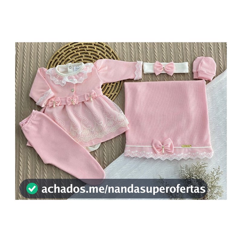 Saída de Maternidade RN  6 Peças em Malha Tricô Macio Vestido, Body, Manta, Luvas e Culote