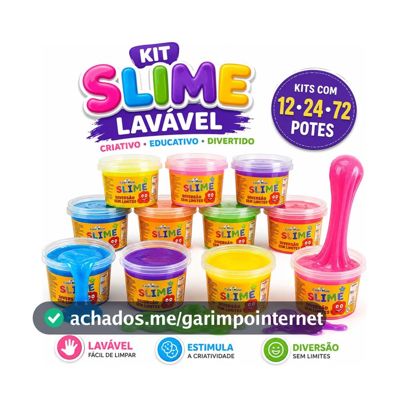 Slime Lavável Infantil Colorido Kit 72 unidades Sensorial Educativo Brinquedo Criativo Festa Escola Lembrancinha