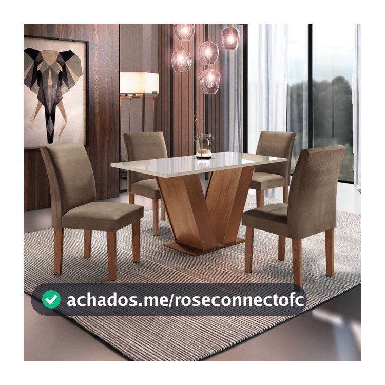 Conjunto Sala de Jantar Mesa Tampo de Vidro 4 Cadeiras Espanha Yescasa Chocolate/Off White/Animale Marrom