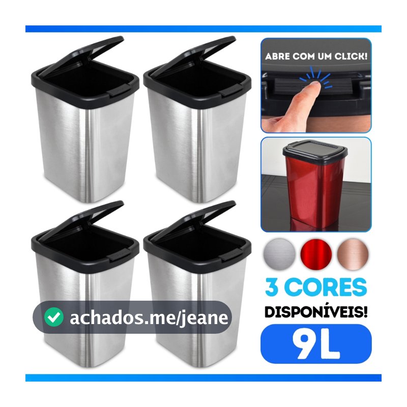 Kit 4 Lixeira 9L Metalizado c/ Tampa Click Banheiro Cozinha