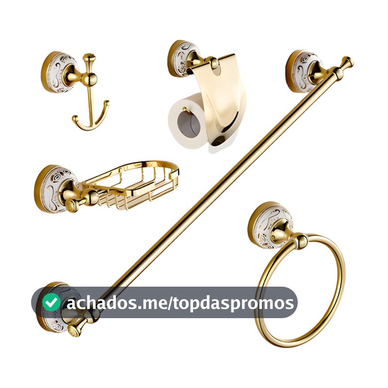 Kit Acessórios Banheiro 5 Peças Dourado Com Porcelana Luxo