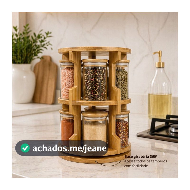 Porta Tempero Giratorio em bambu Grande Minimalista + Brinde