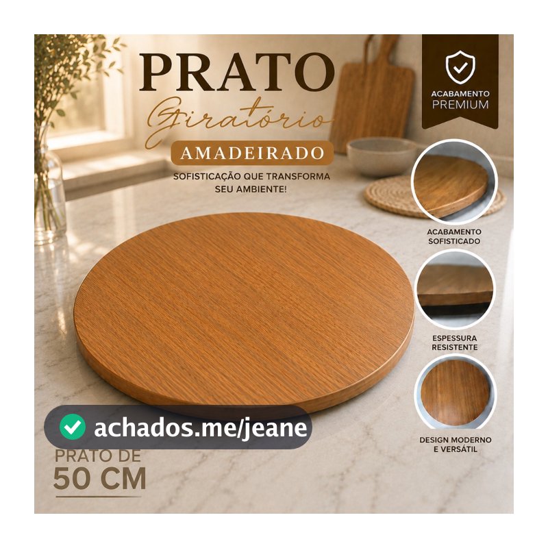 Prato Giratório Madeira MDF 50cm Decorativo Mesa Posta Luxo Amadeirado Resistente