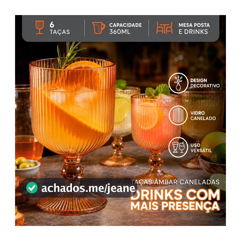 Jogo 6 Taças de Vidro Âmbar Canelado 360ml Nordic Água Suco Drink