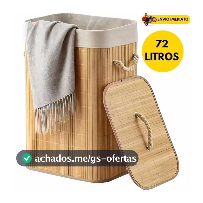 Cesto de roupa suja de bambu de 72 litros com tampa e alça para uso na sala de estar e no banheiro.