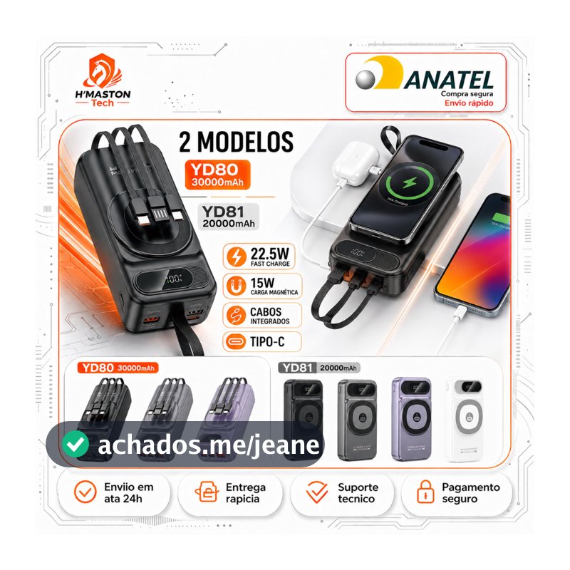 H'MASTON YD80 Power Bank 30000mAh Carregador Portátil Para Celular Bateria Portatil Power Bank 20000 Mah Turbo