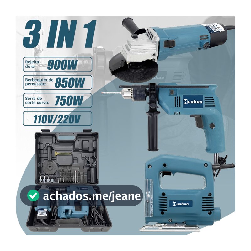 110V/220V KIT Furadeira Parafusadeira E Lixadeira Esmerilhadeira E Serra Tico Tico Com Peças E Maleta.
