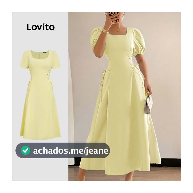 Lovito Longo Elegante Vestido Com Cadarço E Zíper Primavera/Verão Vestido Amarelo Para Mulheres Bordado LK3LD424