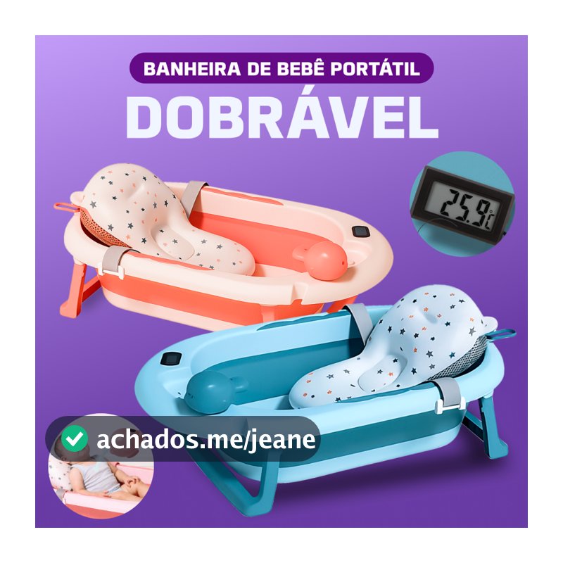 Banheira Azul ou Rosa para bebe com termômetro digital + almofada + chuveirinho de mão Dobrável