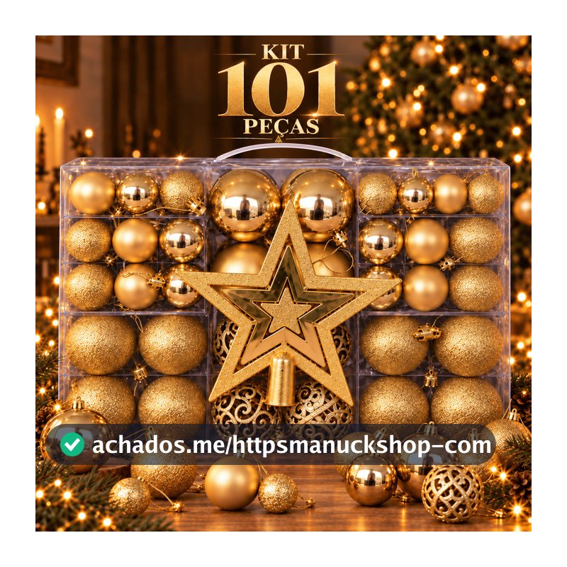 Kit Enfeites de Natal 101 Peças com Bolas Glitter Fosca Brilhante e Estrela 20cm