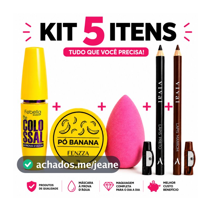 Kit Maquiagem 5 Itens Máscara de Cílios Rímel À Prova D’Água Pó Banana Esponja Lápis de Olho Preto e Marrom