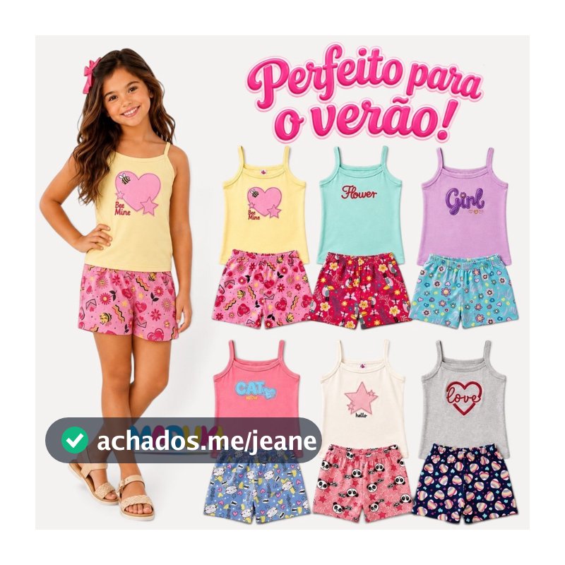 Kit 4 Peças Infantil Juvenil Menina com Blusa Bordada de Alça e Shorts Estampado Verão Tam. 1 a 16