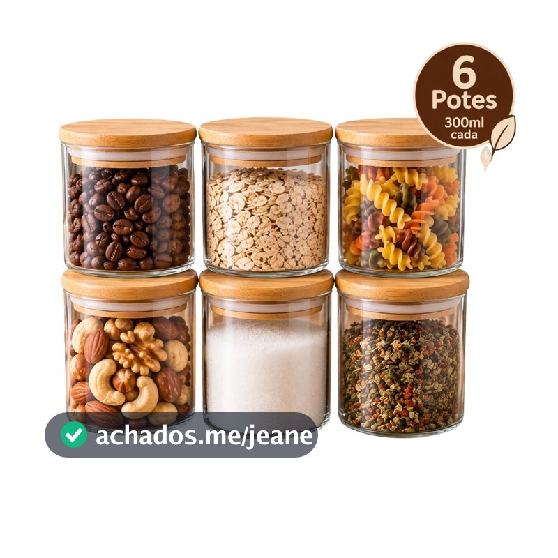 Kit 6 Pote Hermético Mantimentos 300ml Alta Vedação Cozinha Organização Tampa de Bambu Dupla Vedação
