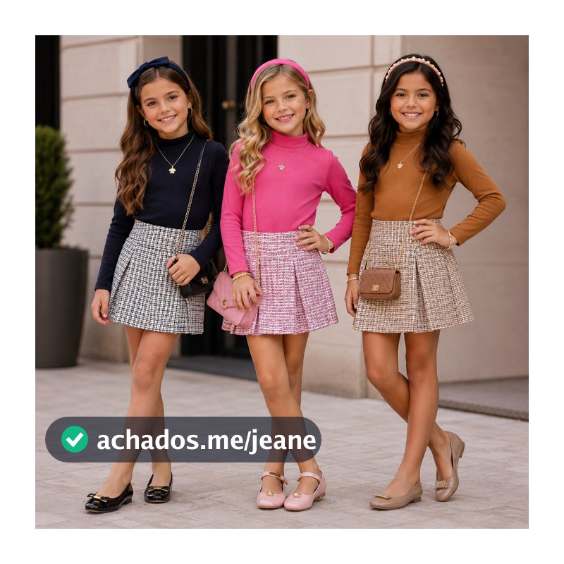 Conjunto Infanto Juvenil Menina Tamanho 04 ao 16 Anos | Blusa Ribana + Shorts Saia Tweed | Roupa para Adolescente Menina