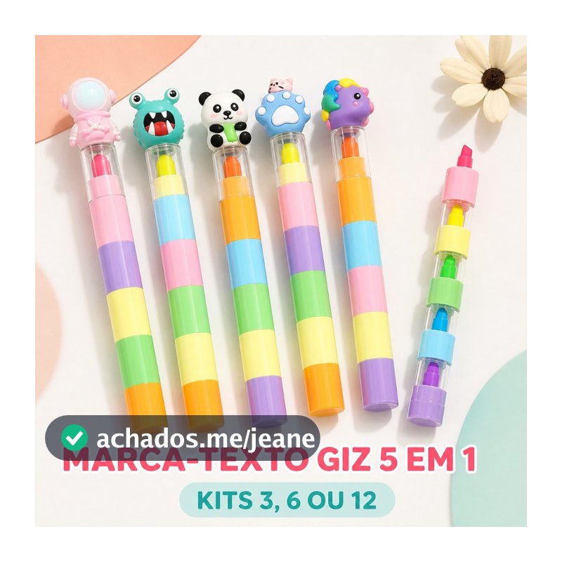 Kit 3/6/12 Marca-Texto Giz 5 Cores Empilhável com Tampa 3D Fofa Material Escolar