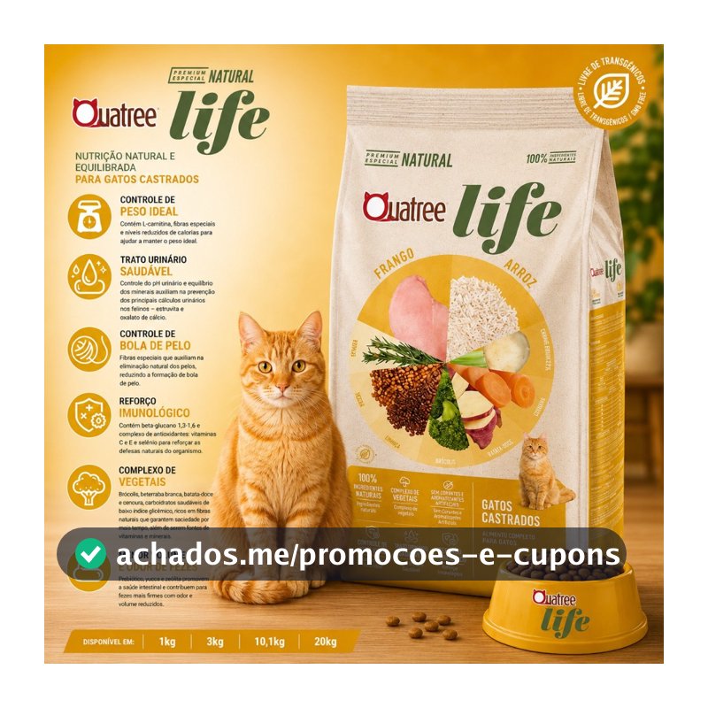 Ração Natural Gato Adulto Castrado 10.1KG Quatree Life Sabor Frango e Arroz