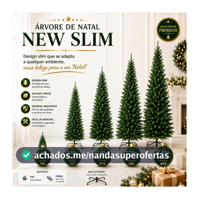 Árvore de Natal Slim Todos os Tamanhos Grande e Cheia