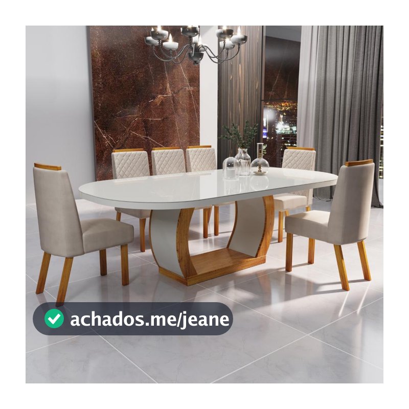 Sala de Jantar 196x90 Mel MDF/Vidro 6 Cadeiras Bom Pastor