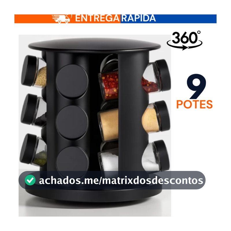 Porta Temperos Giratório 9 Potes Profissional Vidro Tampa Dosadora Preto Condimento Premium PROMOÇÃO
